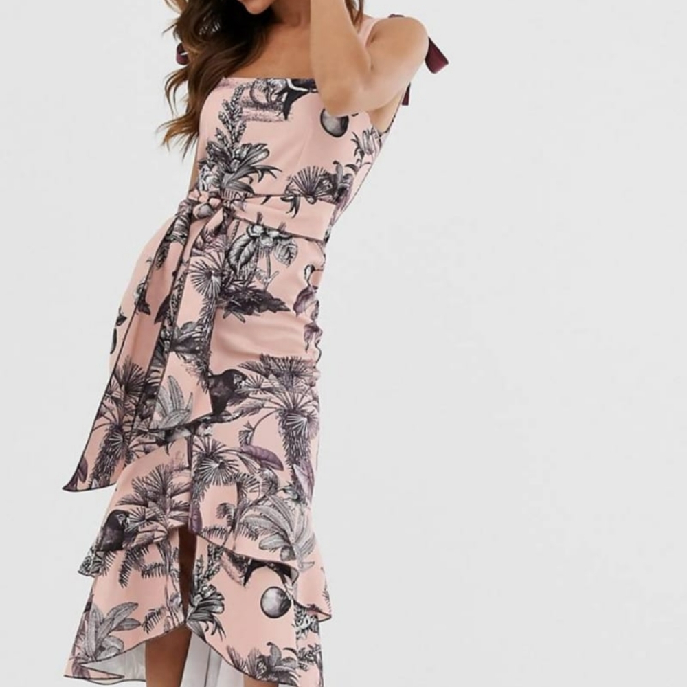 Midi Pink Tropical Patterned Dress - ASOS